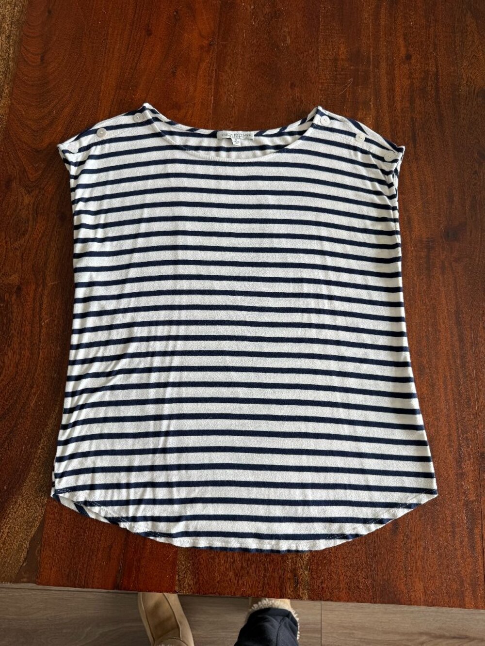 Green Envelope Navy & White Striped Nautical Top | Button Shoulder | Medium